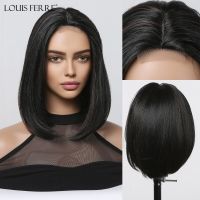 LOUIS FERRE Short Black Mixed Red Brown Hairline Lace Synthetic Wigs Straight Middle Part Bob Wigs for Women Lolita Cosplay Hair Wig  Hair Extensions