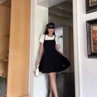 [FREE SHIPPING]Classic Black and White Contrast Triangle Label T-shirt Two Piece Dress