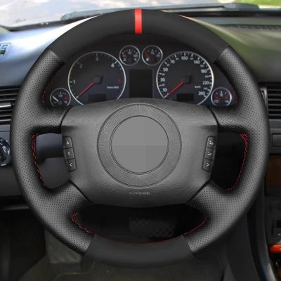 Hand-Stitched Non-Slip Black Genuine leather Suede Car Steering Wheel Cover For Audi A4 A6 1999-2004 A8 A8 L Allroad 2001