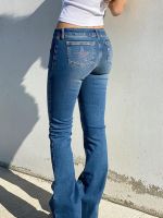 【HOT】☸ s Bootcut Jeans Star Print Low Rise Stretch Wide Leg Denim Pants Bottoms (Blue XL)