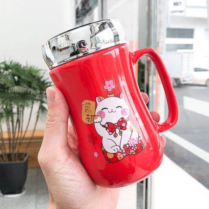 450ml-festive-lucky-cat-mirror-ceramic-mug-creative-leak-proof-mug-sealed-lid-with-handle-coffee-mug-cute-cartoon-cat-mug