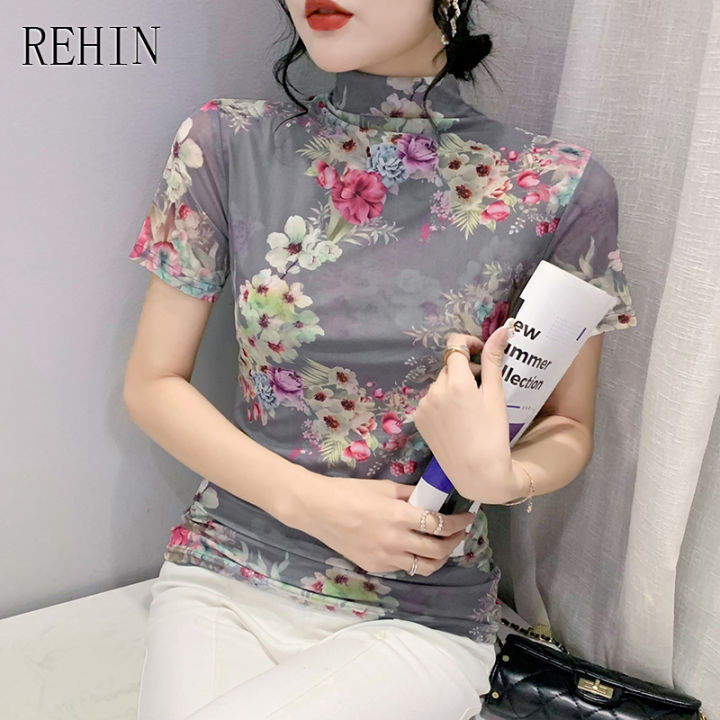 rehin-ผู้หญิงฤดูใบไม้ร่วงใหม่แฟชั่นตาข่าย-slim-คอสูงดอกไม้แขนสั้นเสื้อยืด-s-3xl-bottoming-เสื้อ