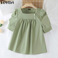 VONDA เสื้อจีบคอสี่เหลี่ยมทรงหลวมของผู้หญิงเสื้อยืดวินเทจเรียบง่ายแขนพองสั้น (ลำลองสไตล์เกาหลี) #2