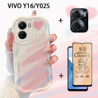 เคส3in1 VIVO Y16และฟิล์มป้องกันหน้าจอแบบแฟชั่นไล่ระดับสีขอบหยักเคสป้องกัน TPU แบบนิ่มเคสโทรศัพท์ Y02s VIVO + ฟิล์มบางเซรามิก + ฟิล์มเลนส์กล้องถ่ายรูป