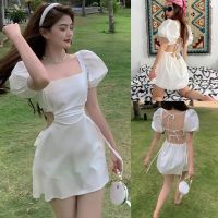 BOUND （in stock）French Womens Sexy Backless dress White puff sleeve dress