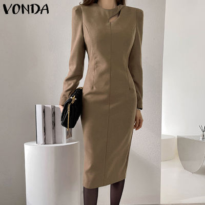 (จัดส่งฟรี)Fancystyle VONDA ขุดเป็นหลุมแบบสง่างามของผู้หญิงเสื้อยืดคอกลมชุดเดรสมิดีลำลองธุรกิจชุดเดรสสีเดียวแขนยาว