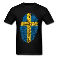 Casual Mens Shirt 100% Cotton Round Collar Slim Brand Tee-Shirt For Men Sweden Flag Fingerprint Tshirt Printing T Shirt  5T8M