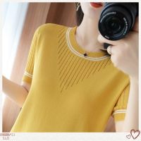 COD DSFERTRETRE Ice Silk Short-sleeved New T-shirt Female Korean Style Hollow Half-sleeved Sweater Round Neck Loose Wild Bottoming Top