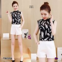 TW3204 Set 2 ชิ้น เสื้อแขนกุดพิมพ์ลายใบไม้ กับดอกไม้+กางเกงขาสั้น