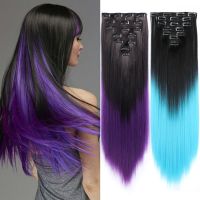 AZIR Synthetic Straight Clip Hair Extensions Fake False Pieces Ombre Blonde Styling 7Pcs