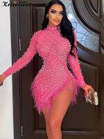 Kricesseen Luxury Rhinestones &amp; Pearls Feather Mini Dress New Spring Women Sheer Mesh Sequins Short Party Dress Birthday Outfits