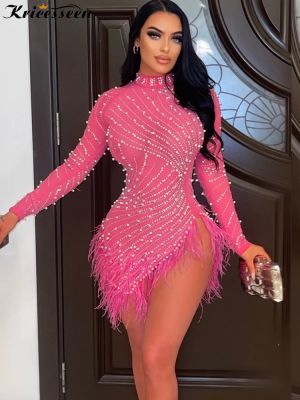 Kricesseen Luxury Rhinestones &amp; Pearls Feather Mini Dress New Spring Women Sheer Mesh Sequins Short Party Dress Birthday Outfits