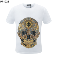 ที่มีคุณภาพสูงผู้ชาย Philipp Plein พิมพ์กะโหลกกระดูกจดหมายผ้าฝ้ายแขนสั้นเสื้อยืด PP เสื้อเย็นประเดิม