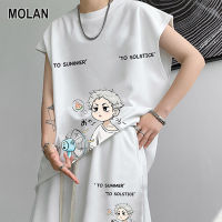 MOLAN เสื้อแขนกุดผู้ชายเสื้อกล้ามกีฬาคอกลมหลวมของผู้ชายพิมพ์ลายการ์ตูนเสื้อยืดลำลองแขนกุด