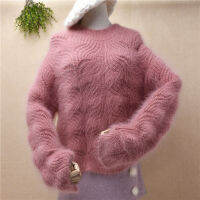 ladies women fashion hairy fuzzy mink cashmere knitted long sleeves crocheted flower pullover angora rabbit fur jumper sweater