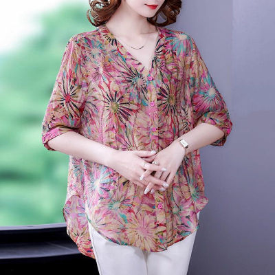 2022 Hot Drilled Short-sleeved Blouse Womens Fashion Casual Floral Shirts New Commute Design Korean Style Thin Shirts Top 5XL