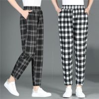 【มีไซส์ใหญ่】Plus Size XL-5XL Womens Cotton&amp;Linen Plaid Pants Elastic Waist Cal Slim Spring Summer Trousers