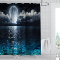 Night Sea Full Moon Landscape Shower Curtain Set with 12 Hooks Bathroom Decoration