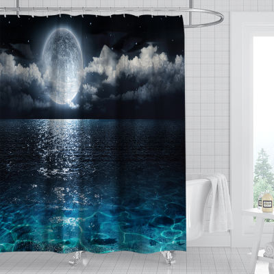 Night Sea Full Moon Landscape Shower Curtain Set with 12 Hooks Bathroom Decoration