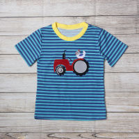 Summer T Shirt For Boys Blue Striped Short Sleeve Grey Shark And Green Seaweed Embroidery Pattern T-shirt