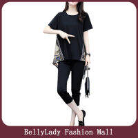 BellyLady ชุดสูท2ชิ้นสำหรับผู้หญิง,ชุด2ชิ้นแขนแขนสั้นคอกลมคร็อปแพนท์ลำลอง