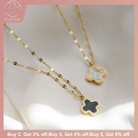 BESFOME Zircon Four-Leaf Clover สร้อยคอ Double Sided Shell จี้ Clavicle Stainless Steel Chain Gold Plated Necklace