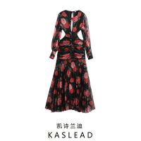 KASLEAD new womens clothing in Europe and the wind restoring ancient ways round collar printed long-sleeve hollow-out the design feels backless dress ❤