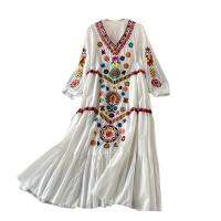 Vintage Women Dress Floral Embroidery Beach Ladies Short Sleeve V-neck Cotton And Linen Boho Dresses Summer