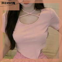 [MERVIN]?[HOT SALE]?? เสื้อยืดลำลองเอวสูงสำหรับผู้หญิงใหม่สีชมพูแบบไม่สม่ำเสมอใหม่ฤดูร้อน