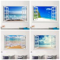 Blue Beach Nature Sky 3D หน้าต่างดูสติ๊กเกอร์ติดผนัง PVC Sea Landscape ไวนิล Decal Room Decor Self-Adhesive วอลล์เปเปอร์ Picture