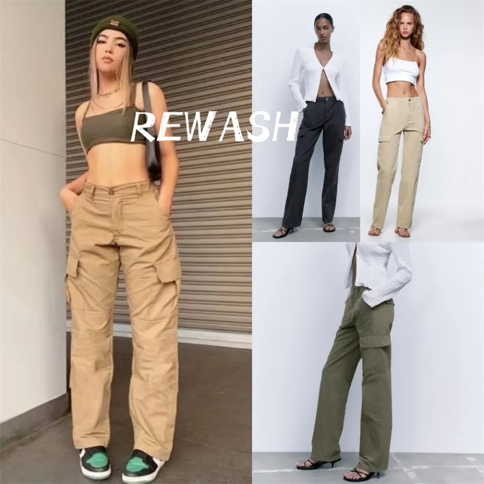 ATYUN Women's Khaki Cargo Trousers Oversized Pockets Hip Hop Wide Leg  Trousers for Korean Fashion Feminine-Khaki, S : Amazon.com.be: Fashion