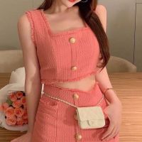 P016-020 PIMNADACLOSET - Sleeveless Square Neck Top Salmon Tweed Skirt Set