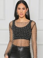 Rhinestones Pearl Mesh Top Women 2023 Sp Summer See Through Female T-Shirt O-Neck Long Sleeve Club Party Ladies Tops