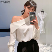 Woherb Korean Chic Off Shoulder Long Sleeve Blouse Women y One Shoulder Office Lady Elegant Solid Shirts 2022 Blusas Mujer