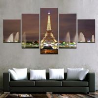 5 Pieces Wall Art Canvas Painting City Night Landscape Poster Iron Tower Home Decoration Pictures Modern Living Room Framework