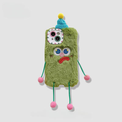 Plush Green Monster Case สำหรับ iPhone13promax สเตอริโอมือและเท้าเบี้ยวปากมอนสเตอร์กรณีสำหรับ iPhone14 กรณีน่ารักปุยสำหรับ iPhone12Promax