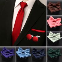 Mens Classic Bright Color Bowtie Set Green Pink Blue Red Bow Tie Cufflinks Wedding Ties Hankie Party Gift Cravat Shirt Accessory Boys Clothing