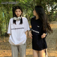 MAYCHEER   เสื้อยืดผ้าฝ้ายแขนสั้นวินเทจแฟชั่นลายหลวมฤดูร้อน