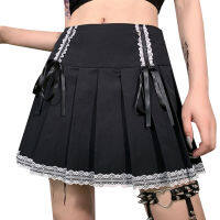 Womens Skirt Dark Series Lace Embellished Hem Pleated Design High Waist Cosplay Mini Skirt