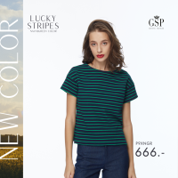 เสื้อยืด เสื้อยืดผู้หญิง GSP Blouse Lucky Stripes Short Sleeve Blouse เสื้อยืดแขนสั้นลายริ้วสีขาวกรม (P9XNGR)