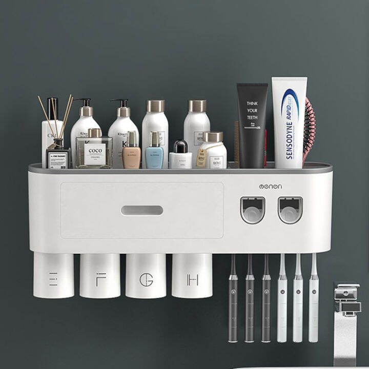 ahawill-wall-mounted-free-punching-toothbrush-holder-automatic-toothpaste-squeezer-dispenser-storage-rack-bathroom-accessories