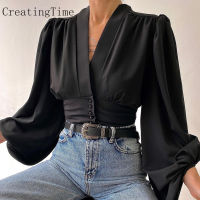 Creatingtime Fashion Woman Blouses 2022 V-neck Lantern Sleeve Patchwork Printing Pleated Button Shirt Autumn Winter New LH453