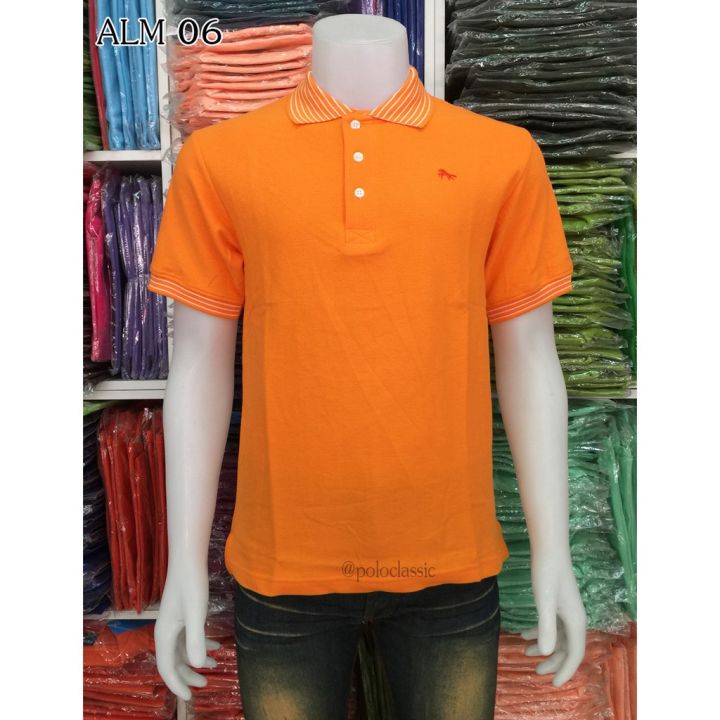 เสื้อโปโล-คอลายแฟชั่น-สีส้ม-alm06-แบบชาย-เป็นทรงตรงมาตรฐาน-มีกระเป๋าที่หน้าอก-แบบหญิงทรงเข้ารูป-เนื้อผ้านุ่ม-สวมใส่สบาย