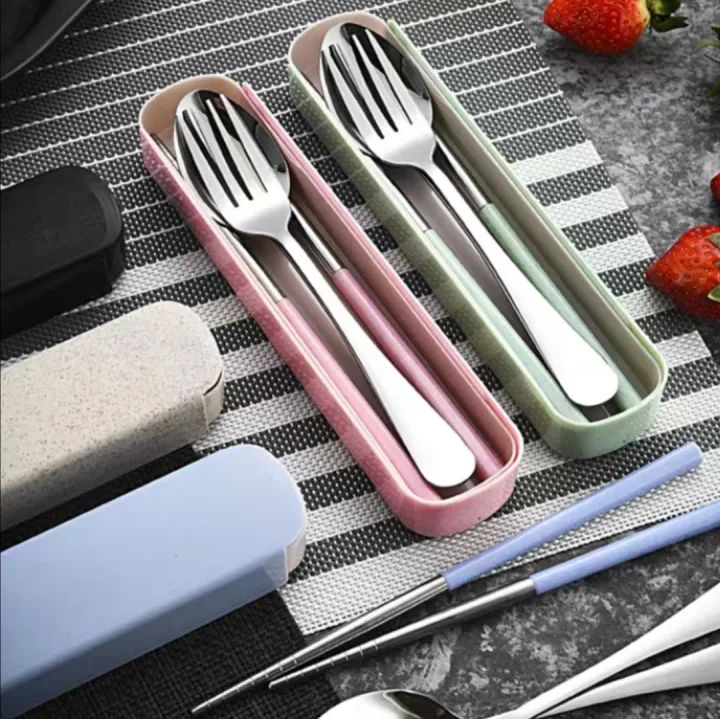 Buy Cutlery Set Stainless Steel Chopsticks Fork Spoon 3-Piece Set with Case  Combi Set Outdoor Portable Tableware Set Hygiene Student Adult Tableware Set  for Lunch Commuting to Work School Lunch Box Camping
