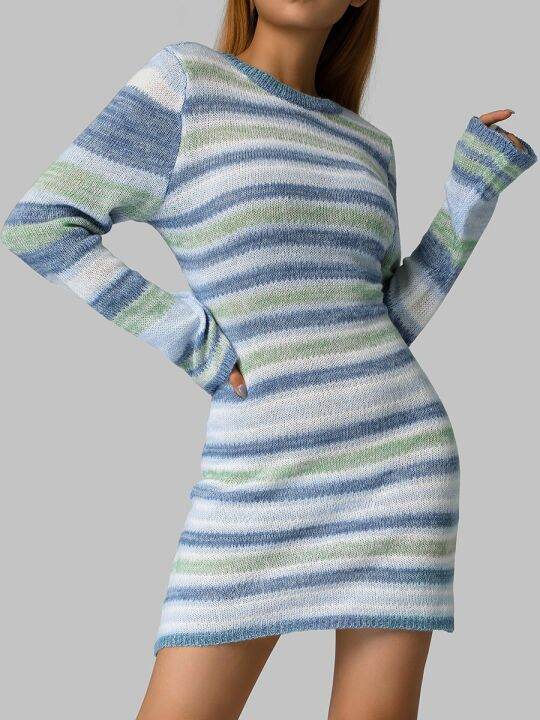 women-dress-long-sleeve-round-neck-wrapped-tight-club-prom-birthday-celebrity-party-knit-striped-midi