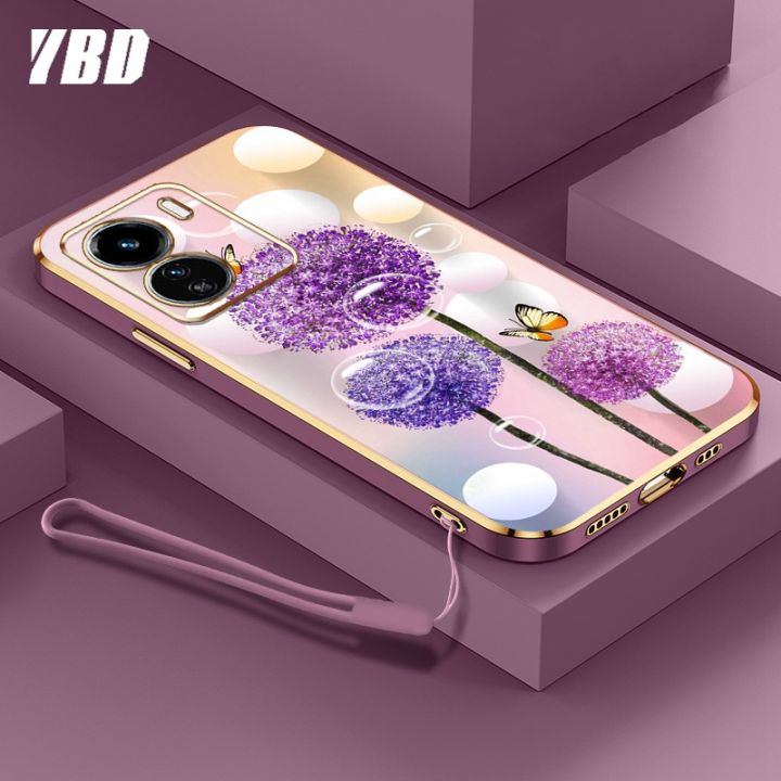 ybdเคสใหม่สำหรับ-vivo-iqoo-z7x-5g-iqoo-z7-y78-5g-y36-5g-เคสชุบโครเมี่ยมสุดหรูนิ่มเคสโทรศัพท์แฟชั่นสีสันสดใสฟรีสายคล้องเคสแบบดอกไม้ผีเสื้อ