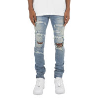 【CW】Mens Ripped Crystal Jeans Distressed Fashion High Street Skinny Stretch Denim Pants