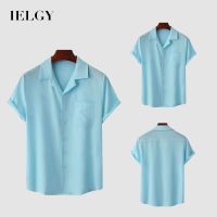 IELGY เสื้อเชิ้ตแขนสั้นผ้าไหมน้ำแข็งสีฟ้าสำหรับผู้ชายผู้ชาย