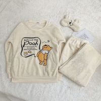 Cute Winnie the Pooh Pjs Women Pajamas Suits Winter Homewear Coral Pyjamas Plus Size Embroidery Flannel Pijama Mujer Set