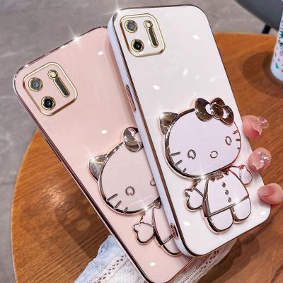 Folding Makeup Mirror Phone Case For OPPO Realme C11  Case Fashion Cartoon Cute Cat Multifunctional Bracket Plating TPU Soft Cover Casing
